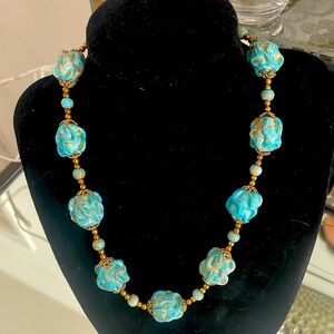 Antique French turquoise glass bead gold foil necklace